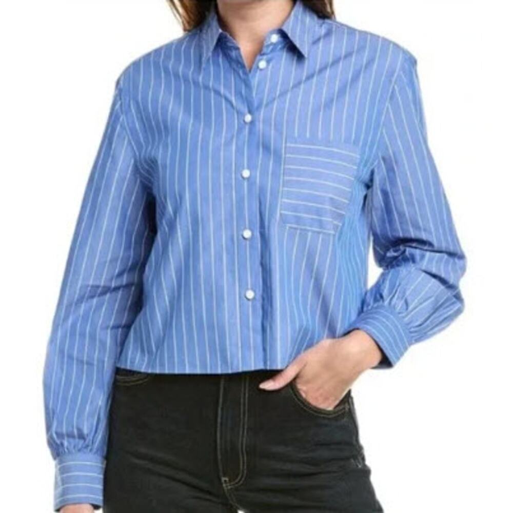 Rag & Bone Max Striped Crop Buttondown Shirt Blue White Pinstripe Size Large